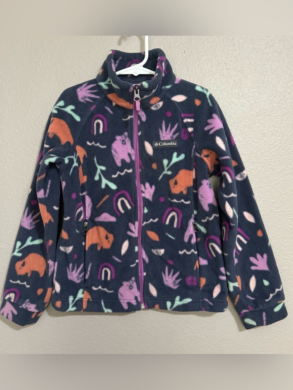 Columbia Animal Print Fleece Full Zip Jacket With Pockets Girl’s Size Small 7/8